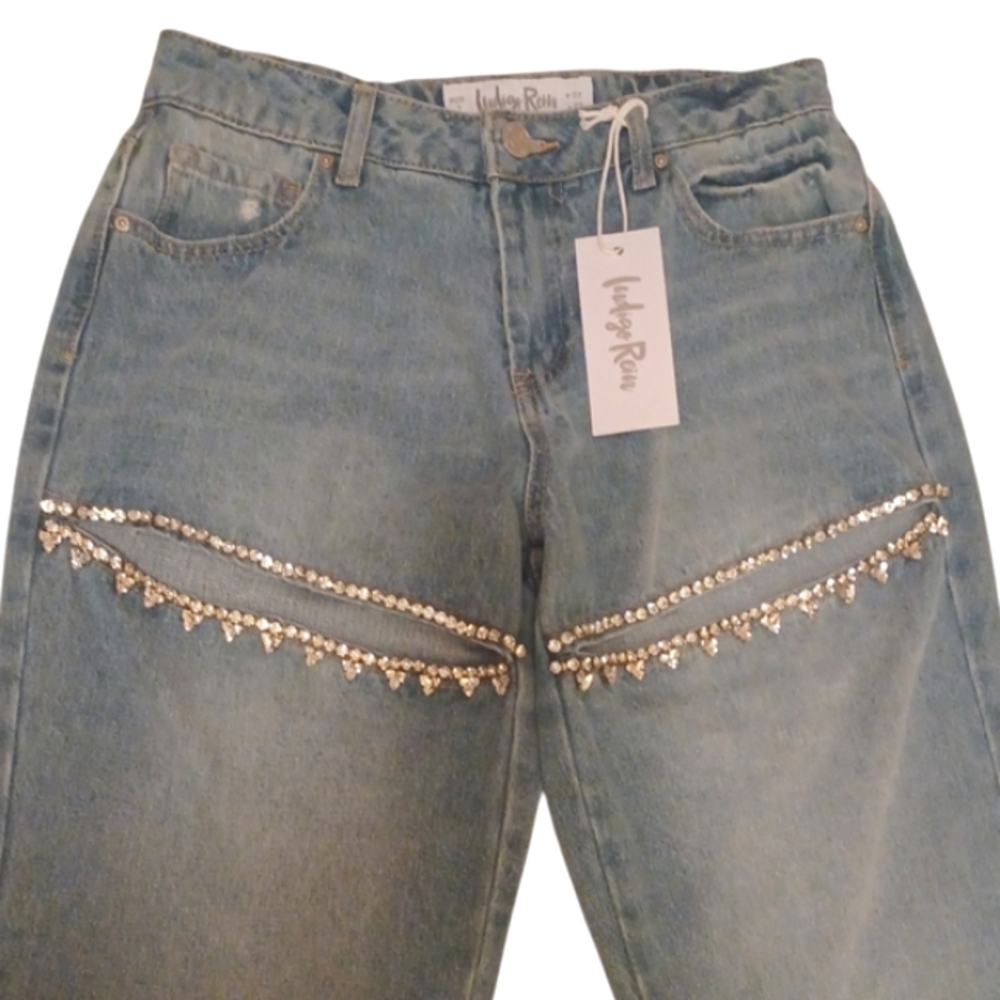 Indigo Rein Light Blue Straight Leg Jeans with Rhinestone Trim
